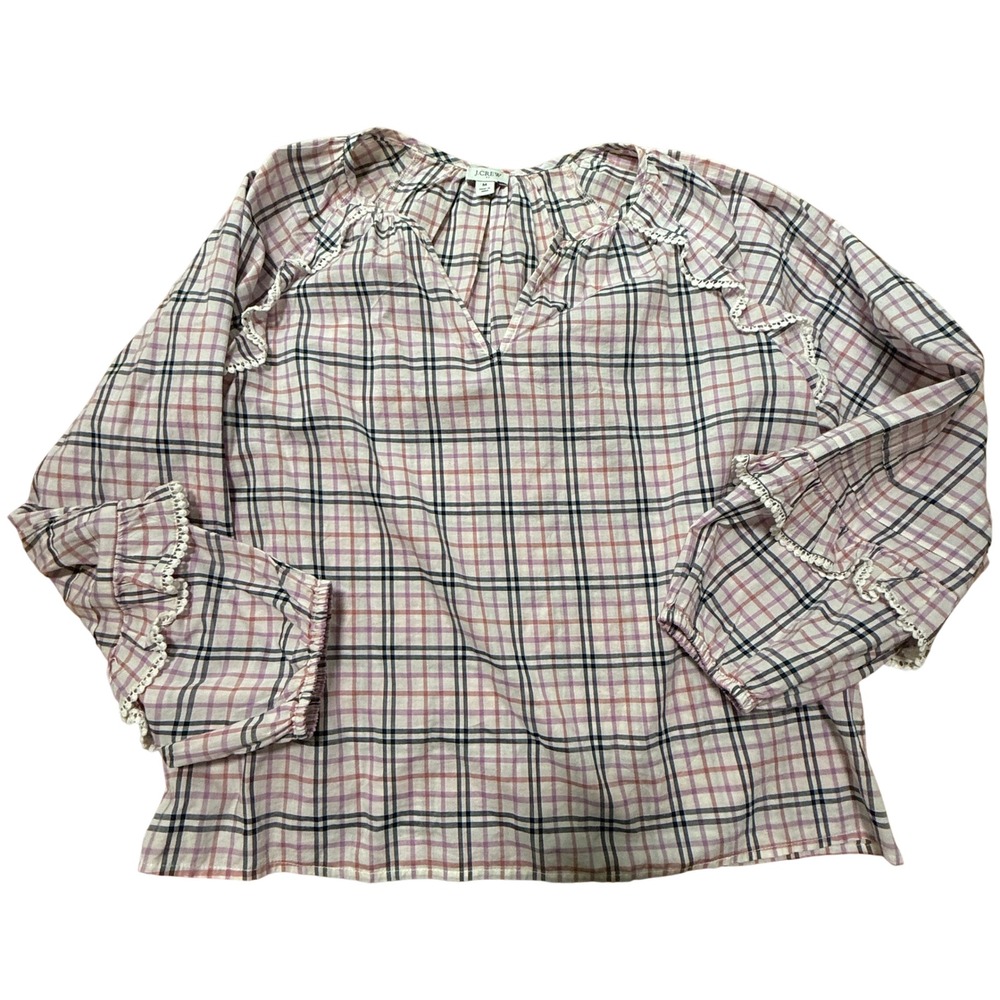 J. Crew Plaid Ruffled Balloon Sleeve Top Womens Medium Pink Purple Crochet Trim